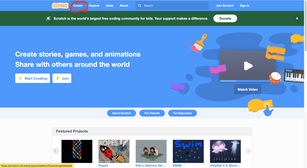 Scratchのトップ画面上部にある「Create」をクリック